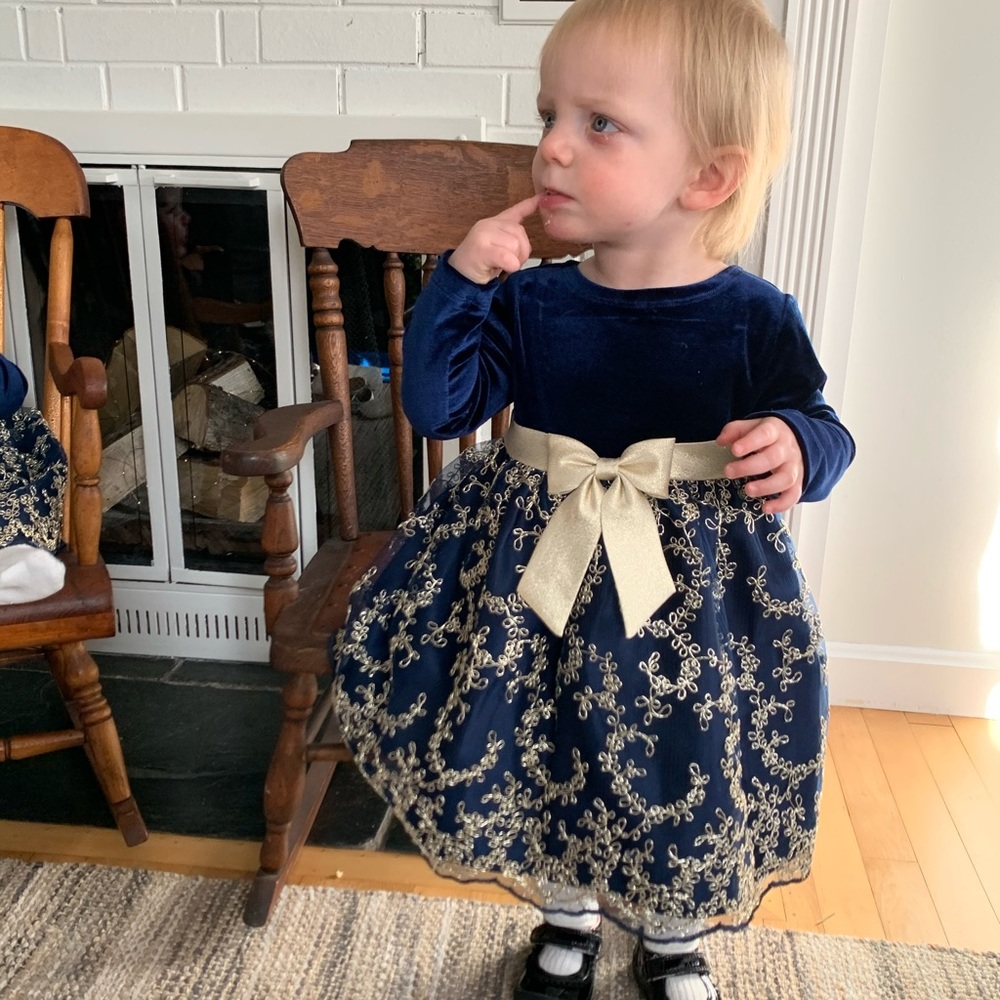 Rare Editions NWOT velvet blu + gold holiday dress